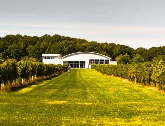 Saltwater Farm Vineyard wedding reception inside converted WWII hangar, Stonington CT